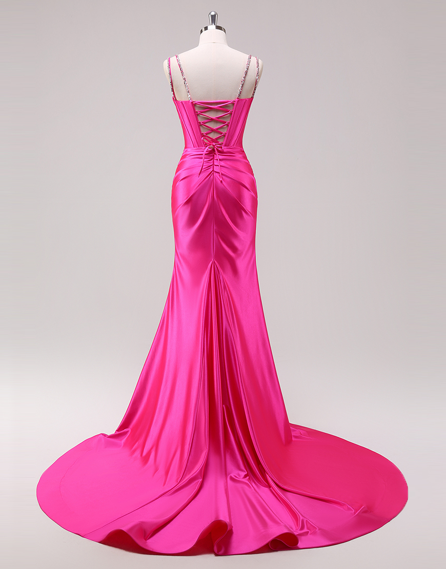 Sparkly Fuchsia Mermaid Spaghetti Straps Corset Satin Long Prom Dress with Slit