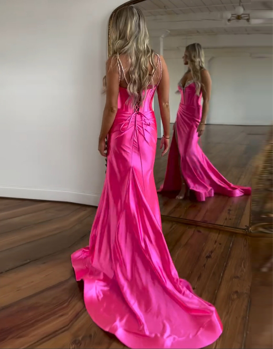 Sparkly Fuchsia Mermaid Beaded Corset Ruched Satin Long Prom Dress