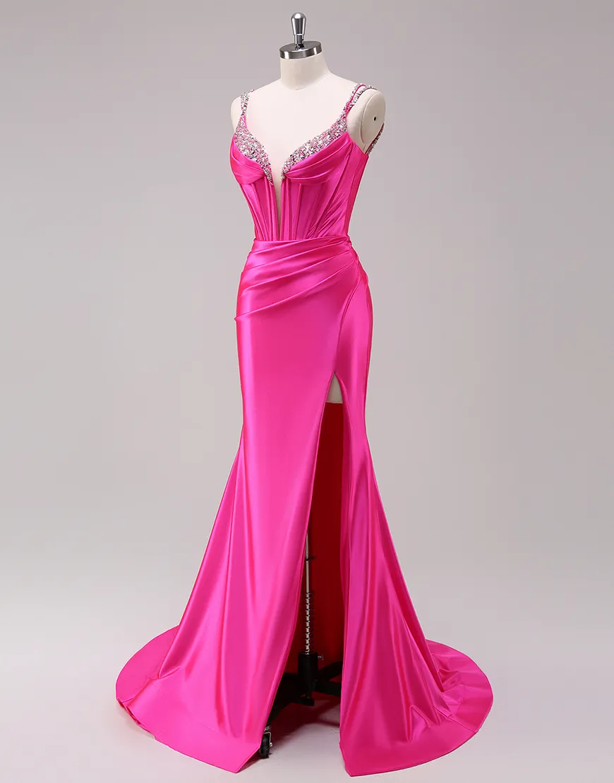 Sparkly Fuchsia Mermaid Beaded Corset Ruched Satin Long Prom Dress