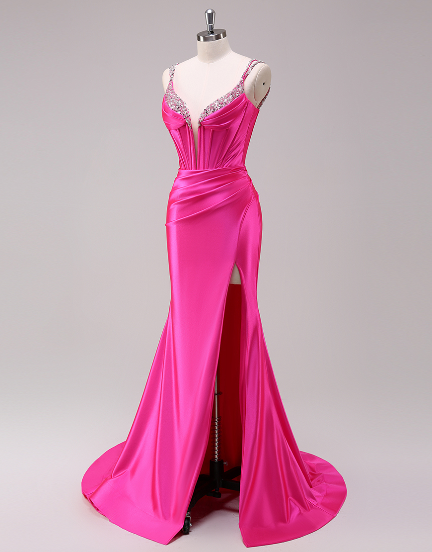 Sparkly Fuchsia Mermaid Spaghetti Straps Corset Satin Long Prom Dress with Slit