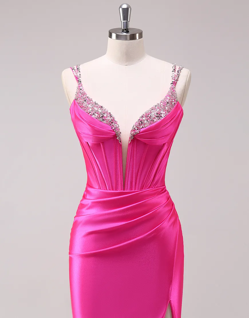Sparkly Fuchsia Mermaid Beaded Corset Ruched Satin Long Prom Dress