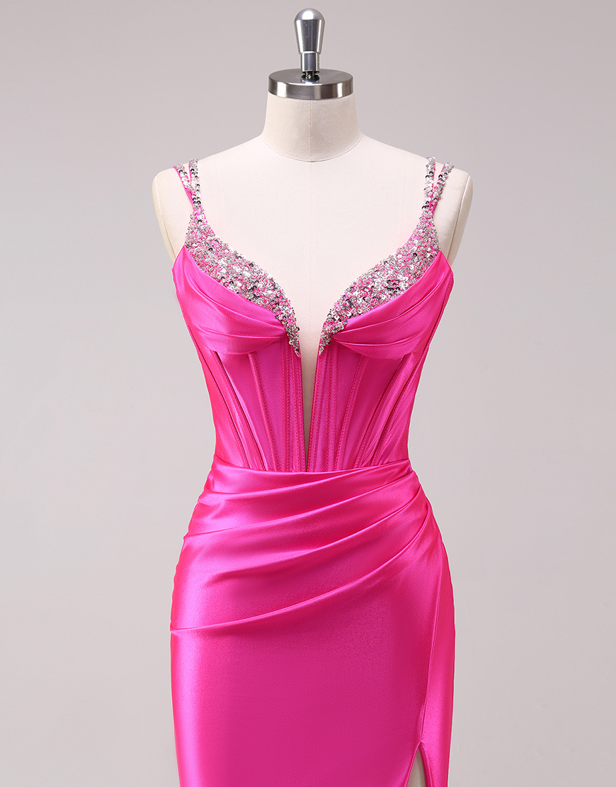 Sparkly Fuchsia Mermaid Spaghetti Straps Corset Satin Long Prom Dress with Slit