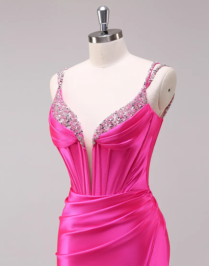 Sparkly Fuchsia Mermaid Beaded Corset Ruched Satin Long Prom Dress