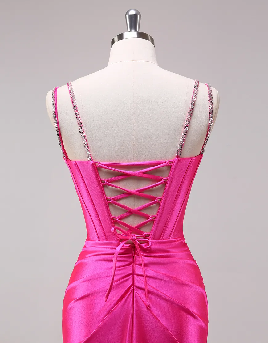 Sparkly Fuchsia Mermaid Beaded Corset Ruched Satin Long Prom Dress