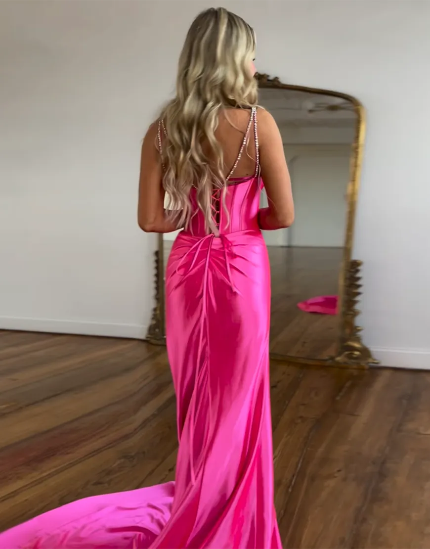 Sparkly Fuchsia Mermaid Spaghetti Straps Corset Satin Long Prom Dress with Slit