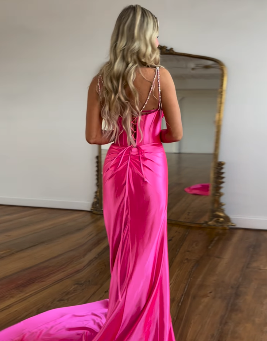 Sparkly Fuchsia Mermaid Beaded Corset Ruched Satin Long Prom Dress