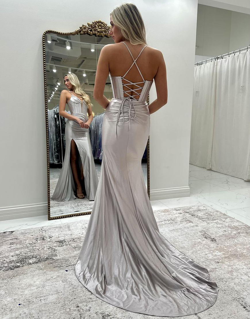 Sparkly Fuchsia Mermaid Spaghetti Straps Corset Satin Long Prom Dress with Slit