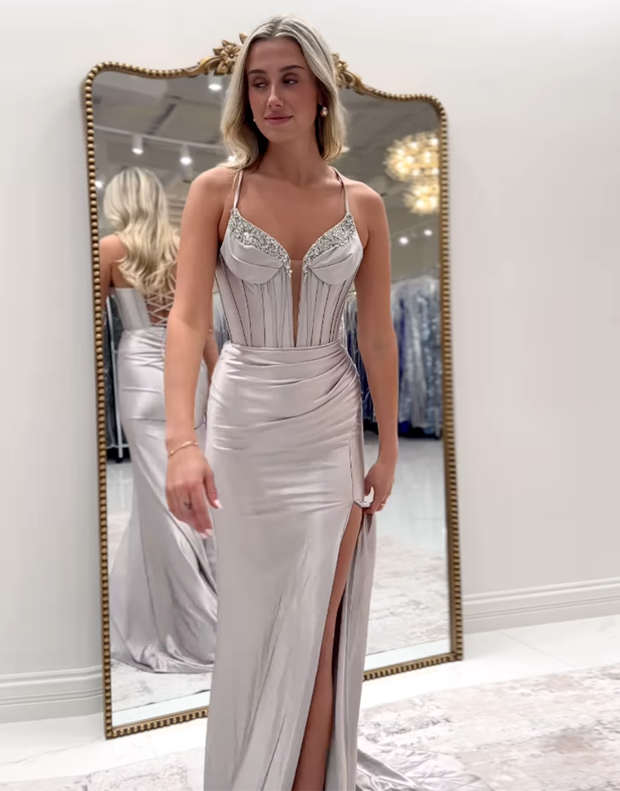 Sparkly Fuchsia Mermaid Spaghetti Straps Corset Satin Long Prom Dress with Slit