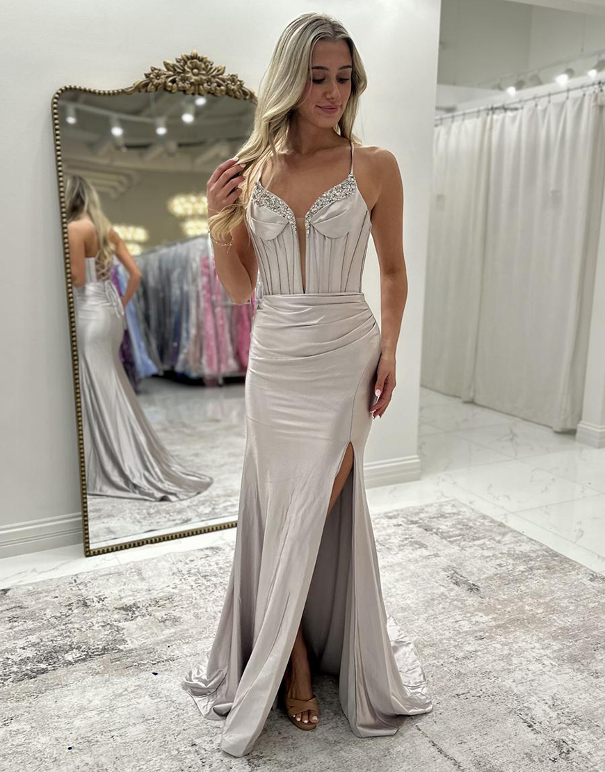 Sparkly Fuchsia Mermaid Spaghetti Straps Corset Satin Long Prom Dress with Slit