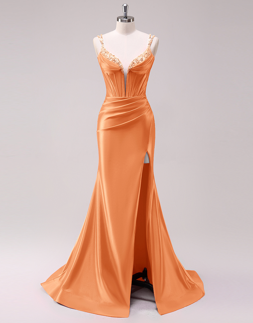 Sparkly Fuchsia Mermaid Spaghetti Straps Corset Satin Long Prom Dress with Slit