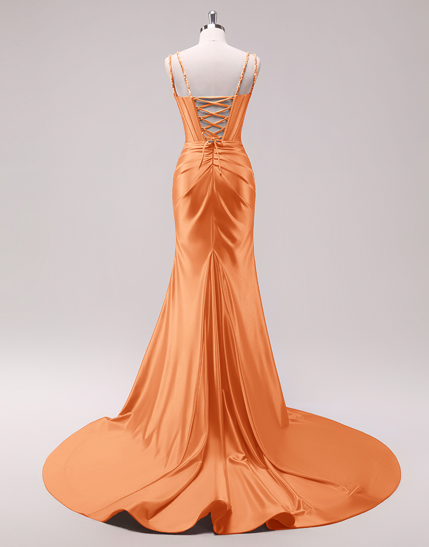 Sparkly Fuchsia Mermaid Spaghetti Straps Corset Satin Long Prom Dress with Slit