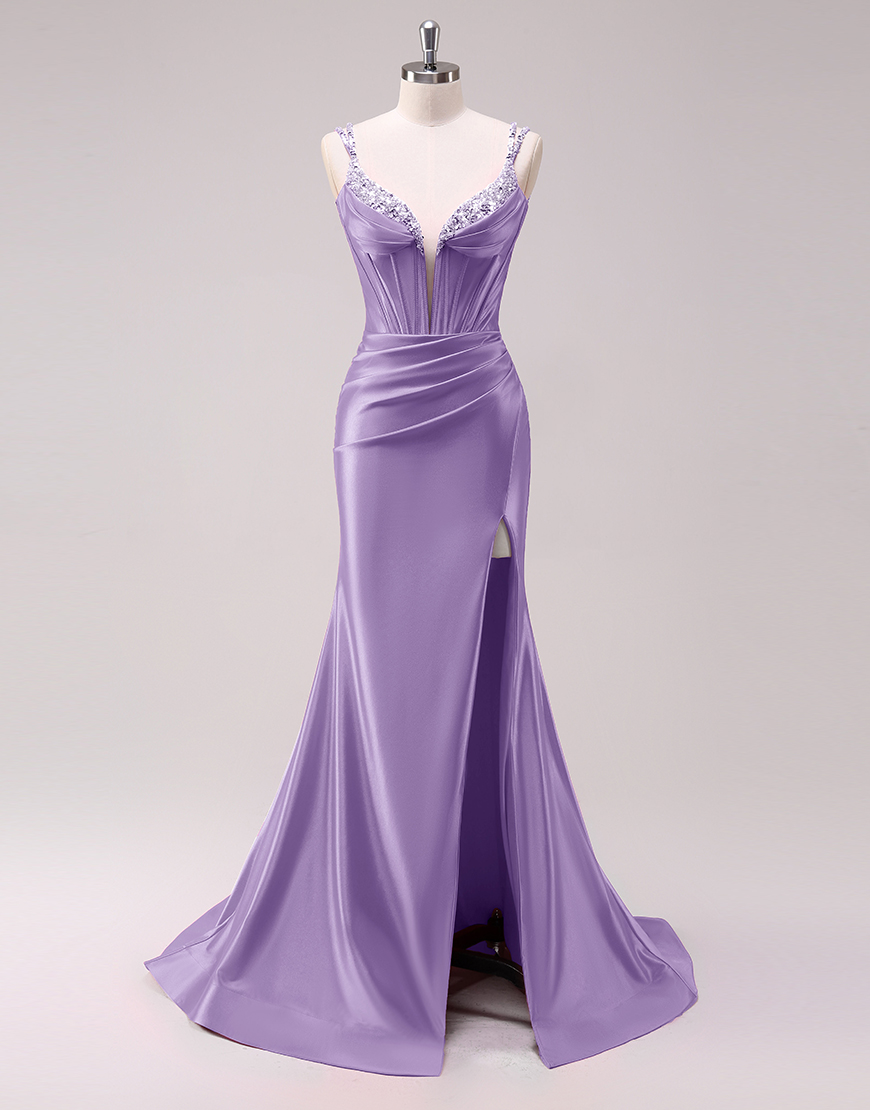 Sparkly Fuchsia Mermaid Spaghetti Straps Corset Satin Long Prom Dress with Slit