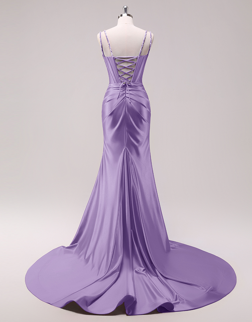 Sparkly Fuchsia Mermaid Spaghetti Straps Corset Satin Long Prom Dress with Slit