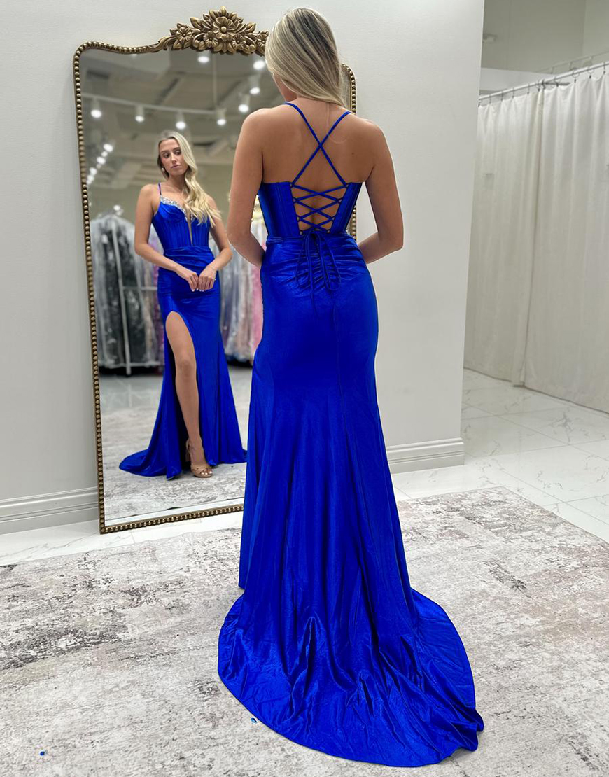 Sparkly Yellow Mermaid Beaded Corset Ruched Satin Long Prom Dress