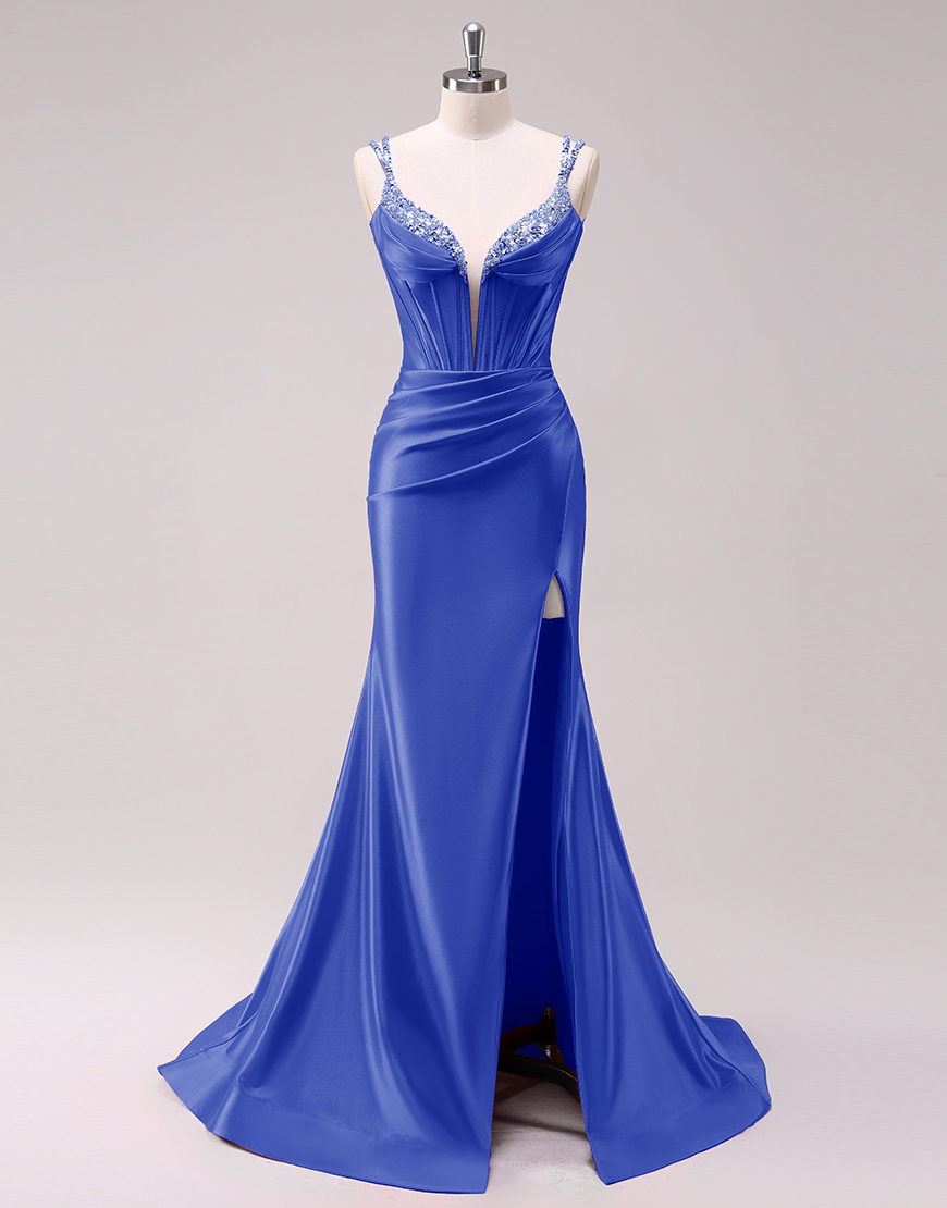 Sparkly Fuchsia Mermaid Spaghetti Straps Corset Satin Long Prom Dress with Slit