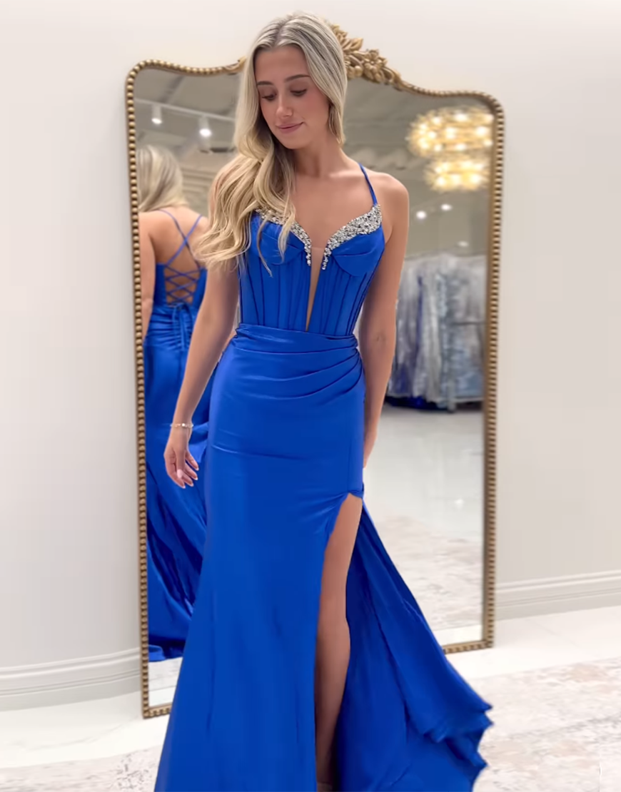 Sparkly Yellow Mermaid Beaded Corset Ruched Satin Long Prom Dress