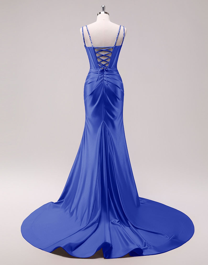 Sparkly Fuchsia Mermaid Spaghetti Straps Corset Satin Long Prom Dress with Slit