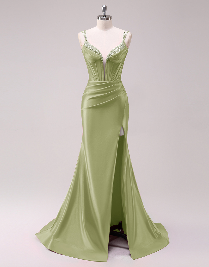 Sparkly Fuchsia Mermaid Spaghetti Straps Corset Satin Long Prom Dress with Slit