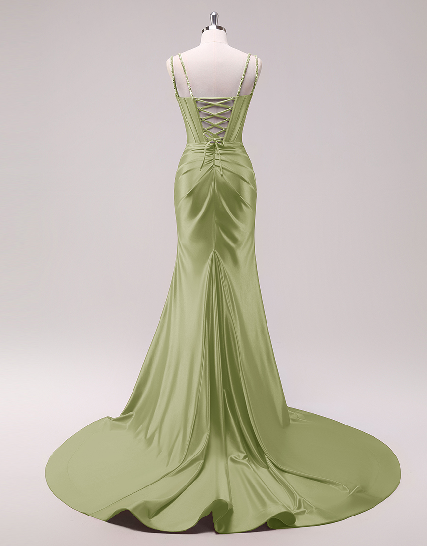 Sparkly Fuchsia Mermaid Spaghetti Straps Corset Satin Long Prom Dress with Slit