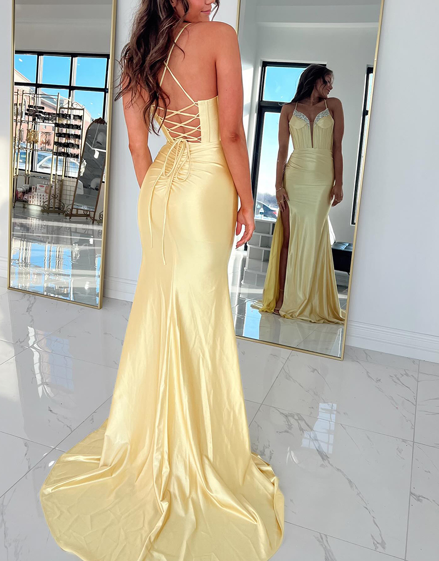 Sparkly Yellow Mermaid Beaded Ruched Corset Satin Long Prom Dress with Slit