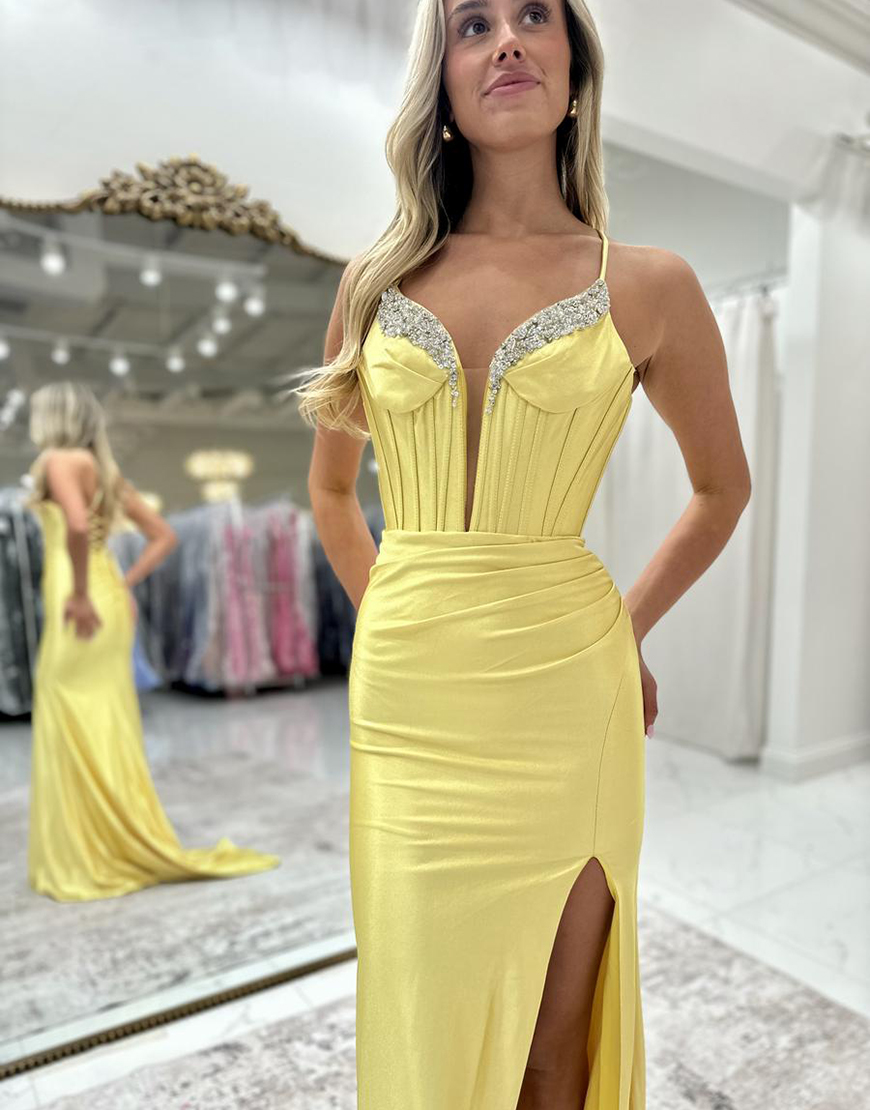 Sparkly Fuchsia Mermaid Spaghetti Straps Corset Satin Long Prom Dress with Slit