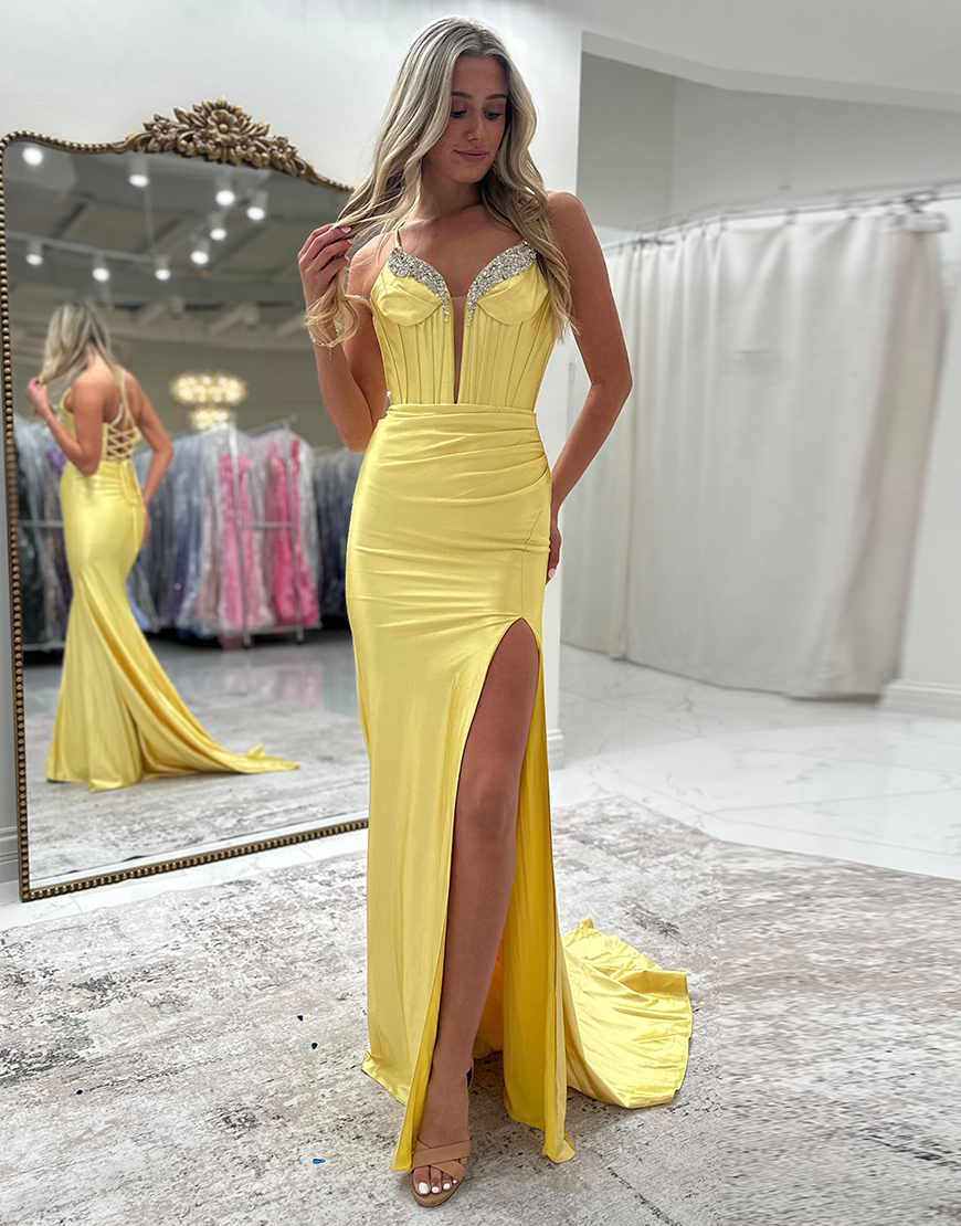 Sparkly Fuchsia Mermaid Spaghetti Straps Corset Satin Long Prom Dress with Slit