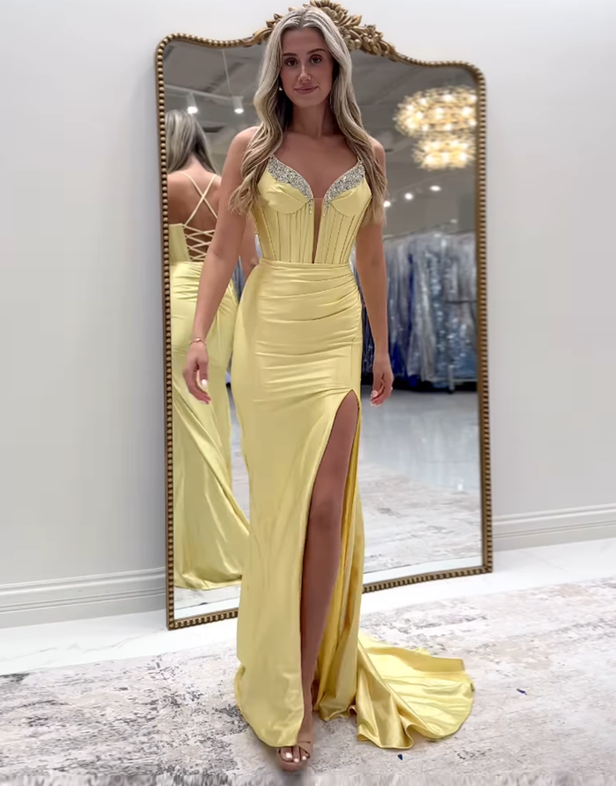 Sparkly Fuchsia Mermaid Spaghetti Straps Corset Satin Long Prom Dress with Slit