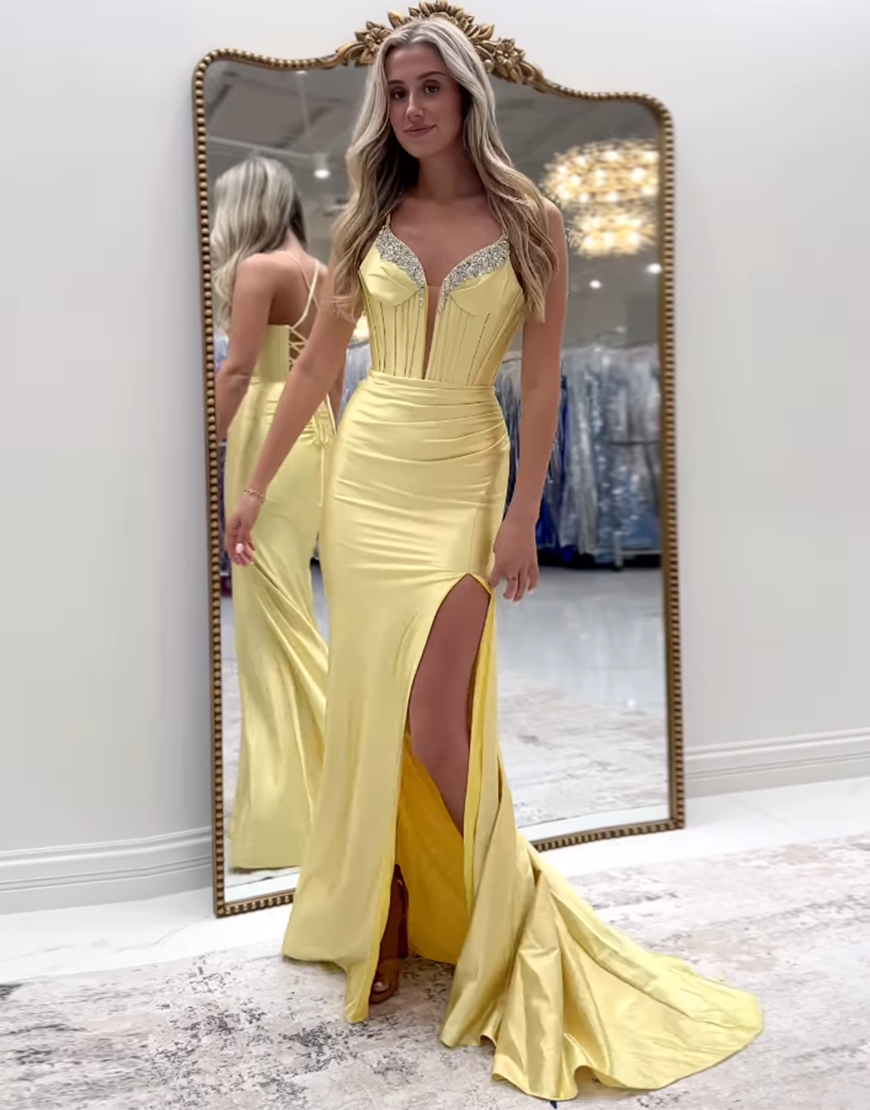 Sparkly Fuchsia Mermaid Spaghetti Straps Corset Satin Long Prom Dress with Slit