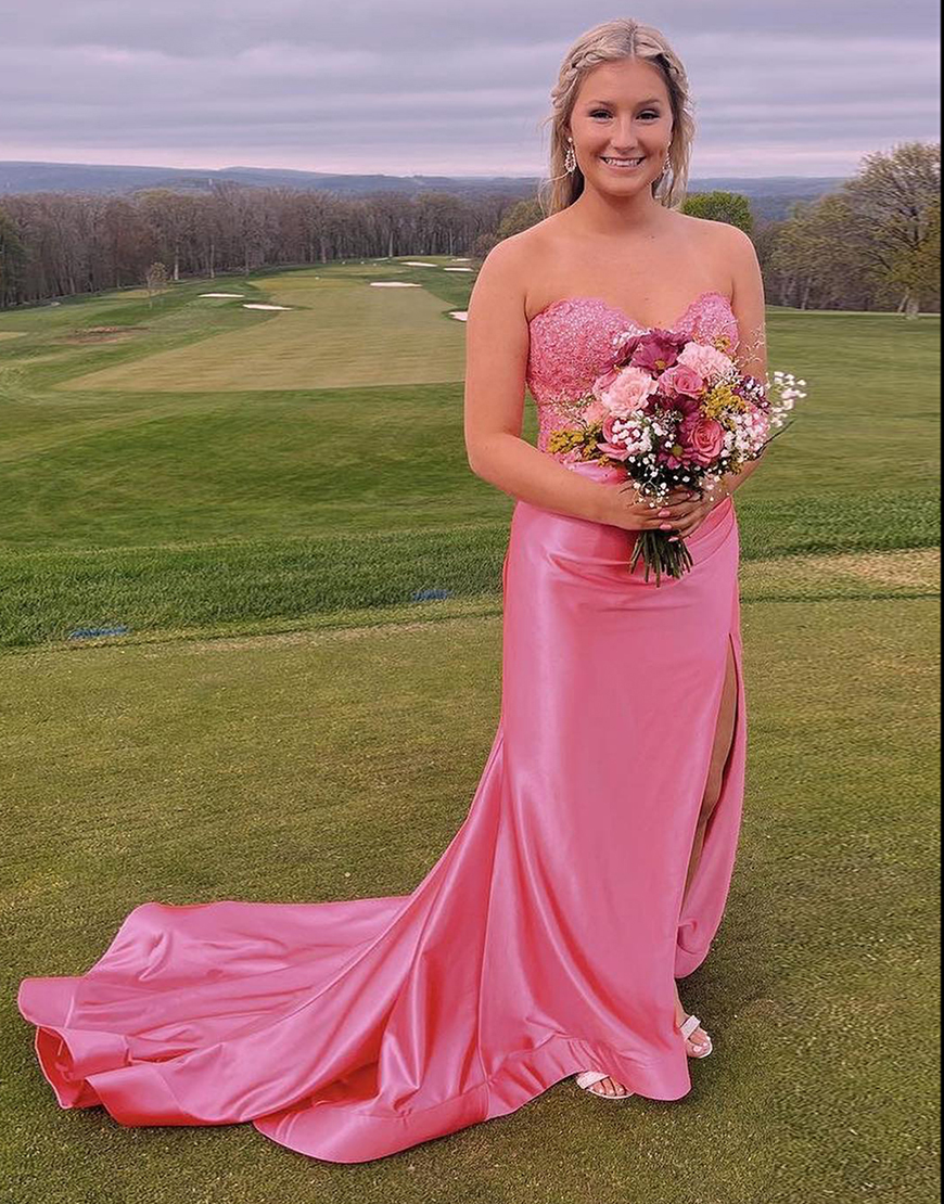 Sparkly Fuchsia Mermaid Strapless Beaded Corset Satin Long Prom Dress with Slit