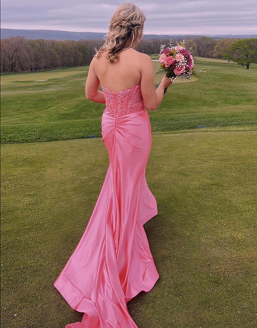 Sparkly Fuchsia Mermaid Strapless Beaded Corset Satin Long Prom Dress with Slit