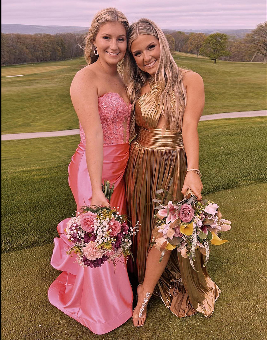 Sparkly Fuchsia Mermaid Strapless Beaded Corset Satin Long Prom Dress with Slit