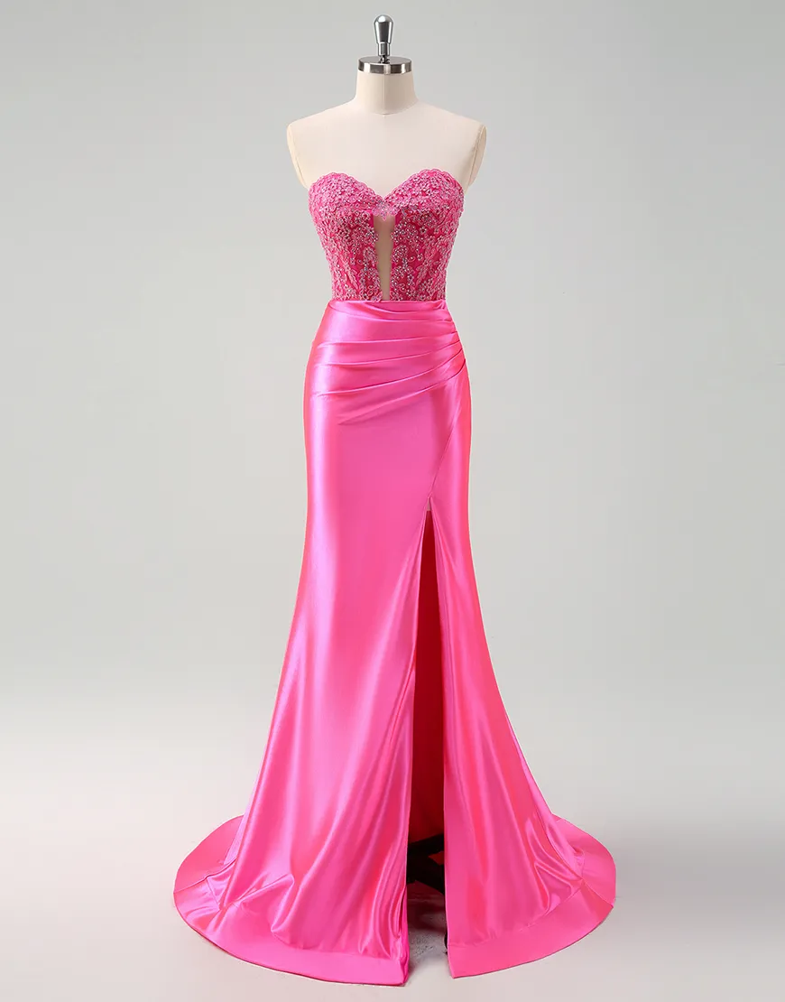 Sparkly Fuchsia Mermaid Strapless Corset Ruched Satin Long Prom Dress