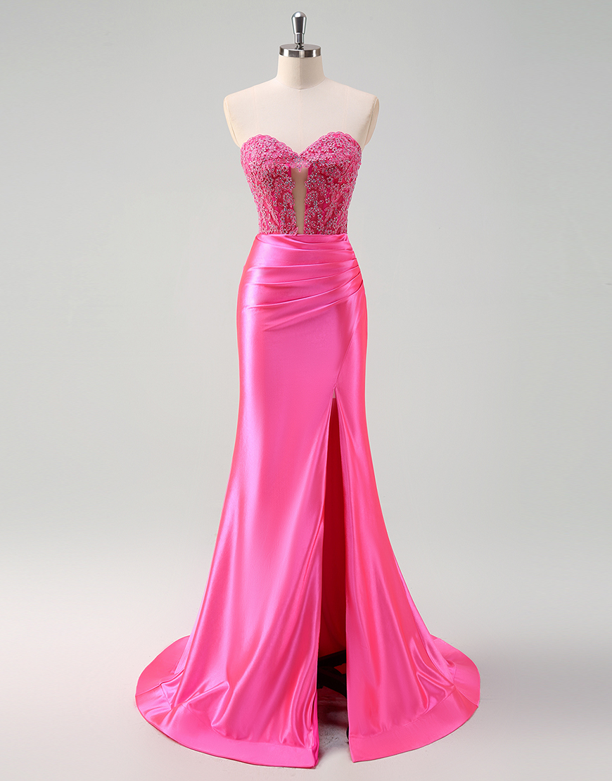 Sparkly Fuchsia Mermaid Strapless Beaded Corset Satin Long Prom Dress with Slit
