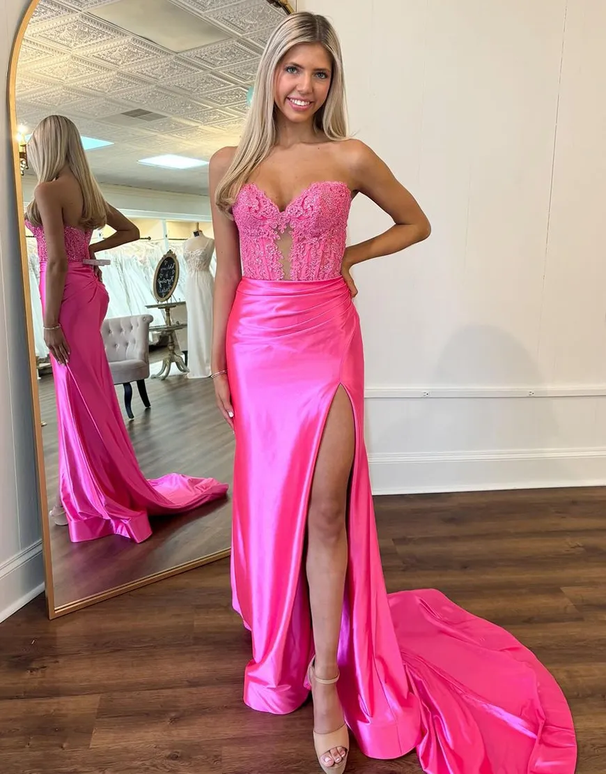 Sparkly Fuchsia Mermaid Strapless Beaded Corset Satin Long Prom Dress with Slit