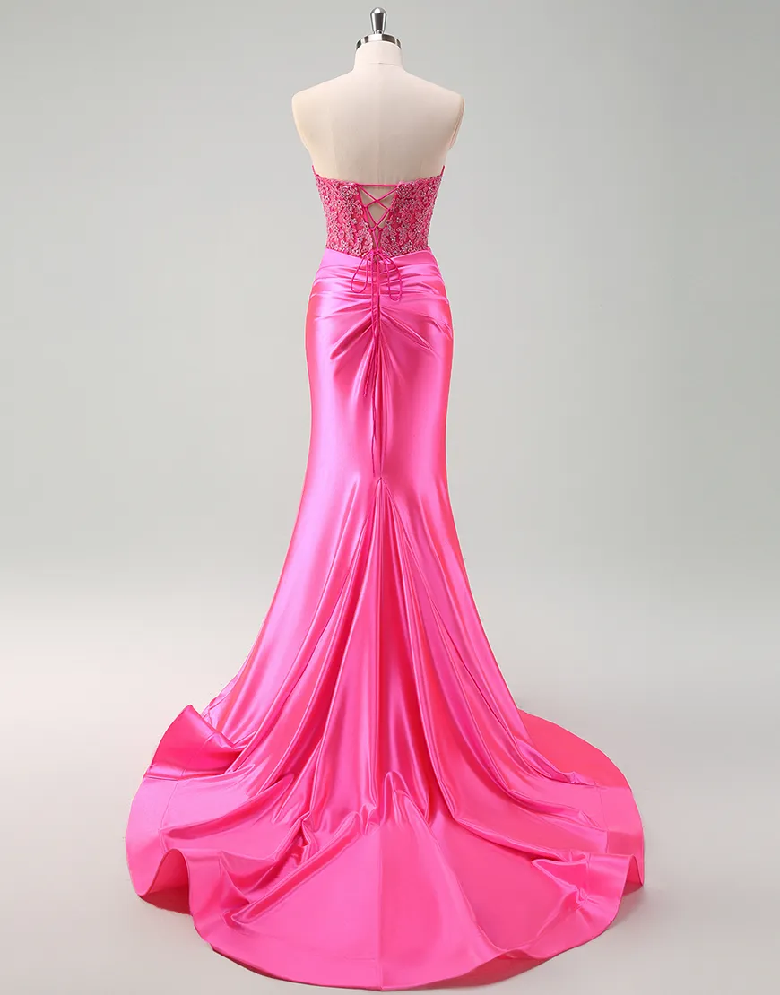 Sparkly Fuchsia Mermaid Strapless Corset Ruched Satin Long Prom Dress