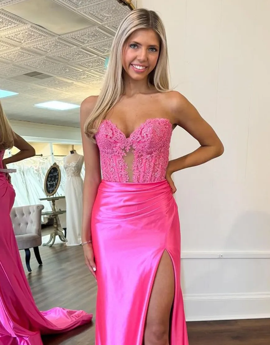 Sparkly Fuchsia Mermaid Strapless Beaded Corset Satin Long Prom Dress with Slit
