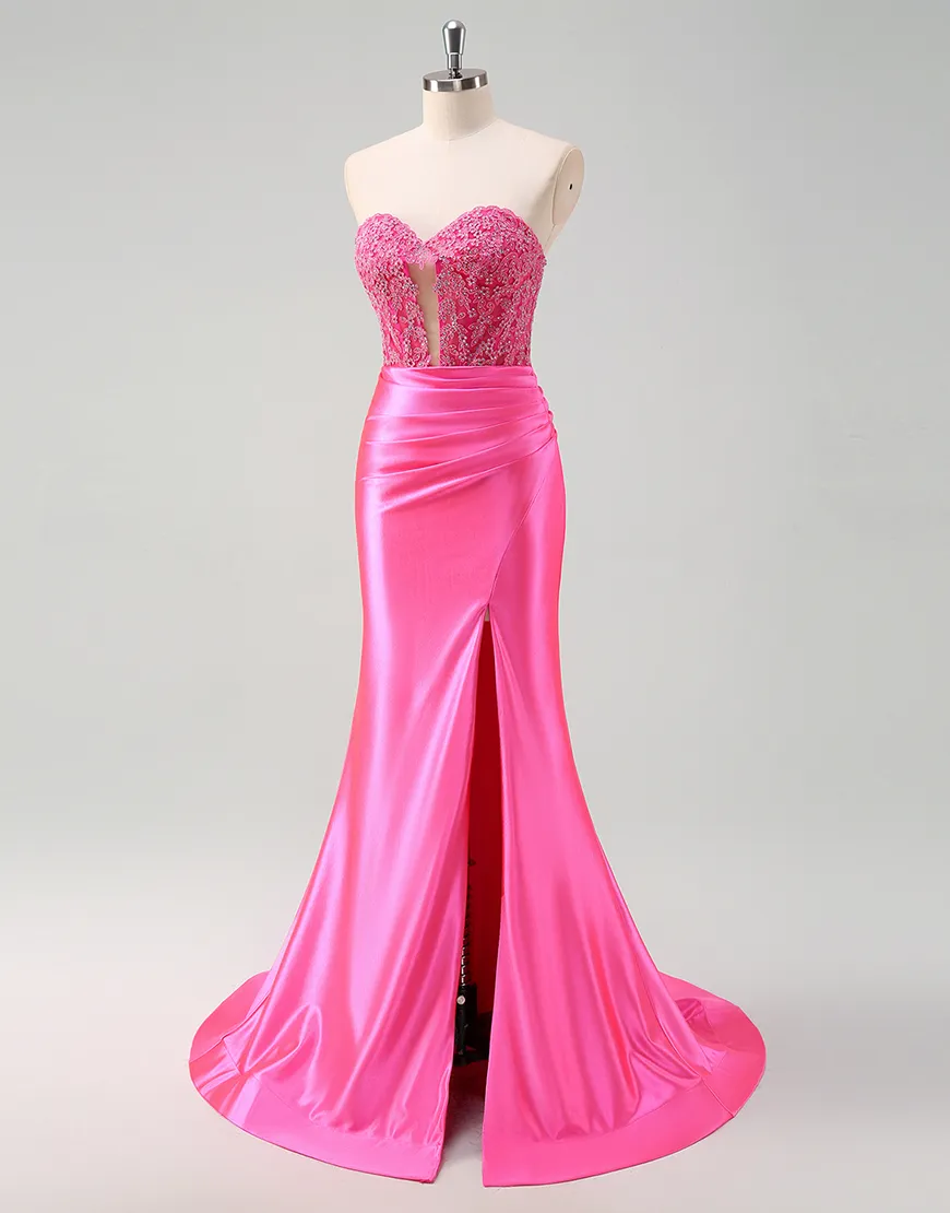Sparkly Fuchsia Mermaid Strapless Corset Ruched Satin Long Prom Dress