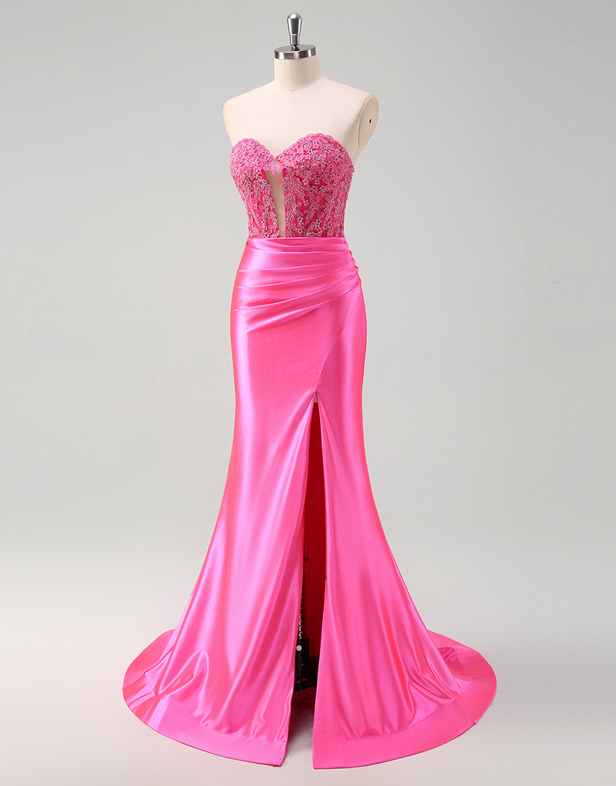 Sparkly Fuchsia Mermaid Strapless Beaded Corset Satin Long Prom Dress with Slit
