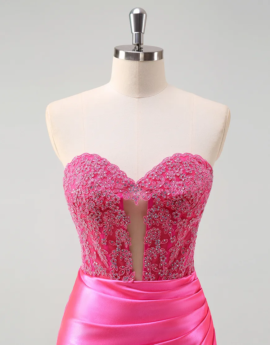 Sparkly Fuchsia Mermaid Strapless Corset Ruched Satin Long Prom Dress