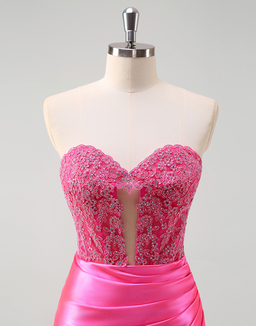 Sparkly Fuchsia Mermaid Strapless Beaded Corset Satin Long Prom Dress with Slit