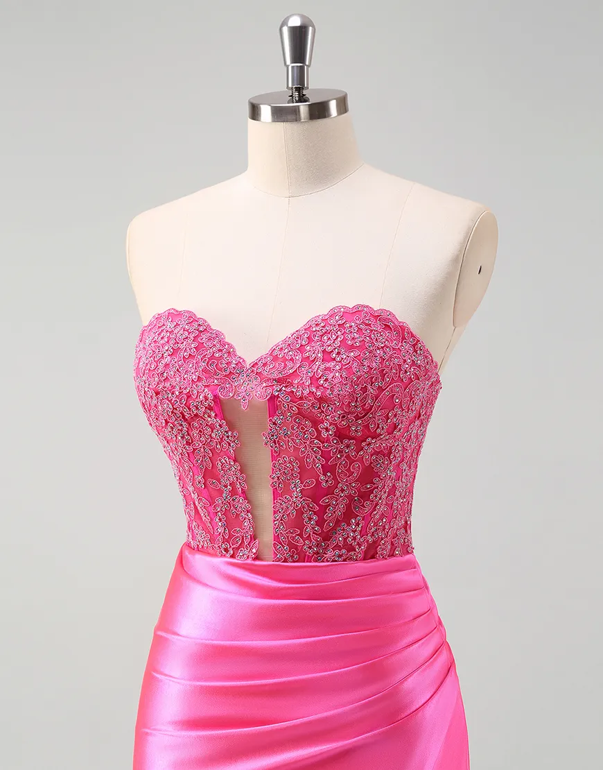 Sparkly Fuchsia Mermaid Strapless Corset Ruched Satin Long Prom Dress