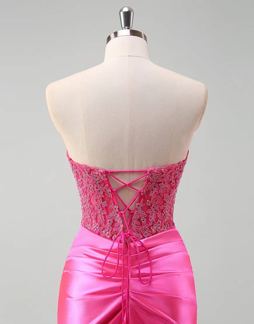 Sparkly Fuchsia Mermaid Strapless Corset Ruched Satin Long Prom Dress