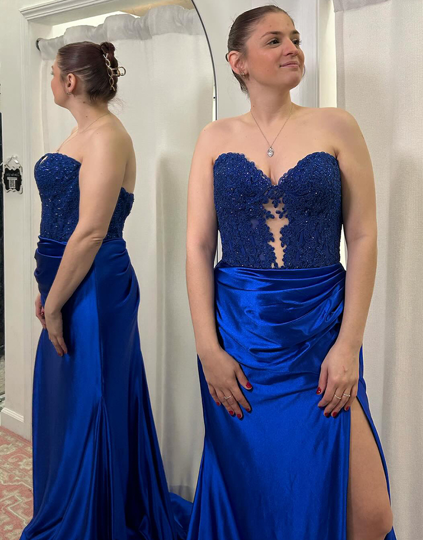 Sparkly Fuchsia Mermaid Strapless Beaded Corset Satin Long Prom Dress with Slit