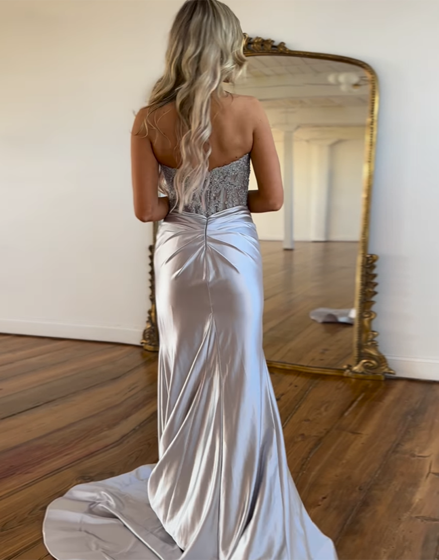 Sparkly Fuchsia Mermaid Strapless Corset Ruched Satin Long Prom Dress