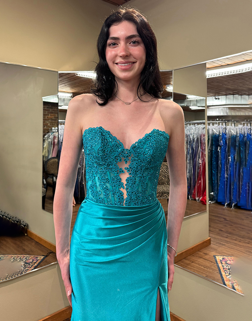 Sparkly Fuchsia Mermaid Strapless Beaded Corset Satin Long Prom Dress with Slit