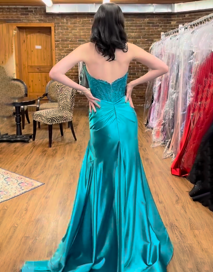 Sparkly Fuchsia Mermaid Strapless Beaded Corset Satin Long Prom Dress with Slit