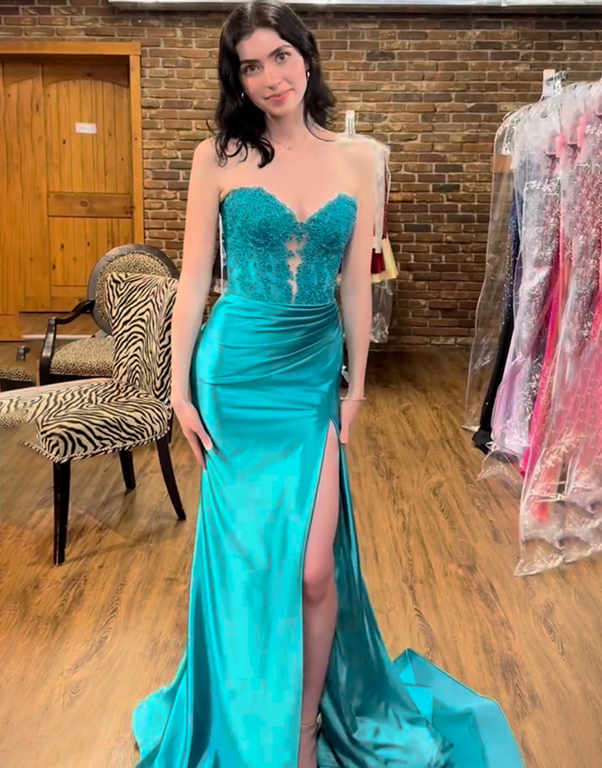 Sparkly Fuchsia Mermaid Strapless Beaded Corset Satin Long Prom Dress with Slit