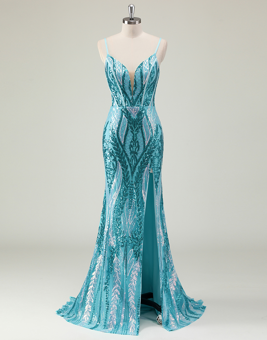 Sparkly Blue Mermaid Spaghetti Straps Sequined Embroidery Long Prom Dress with Slit