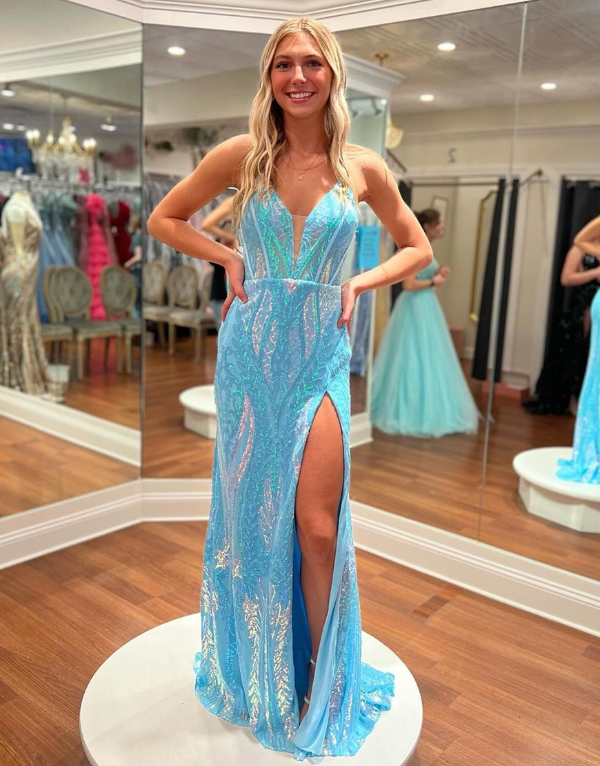 Sparkly Blue Mermaid Sequined Embroidery Spaghetti Straps Long Prom Dress with Slit