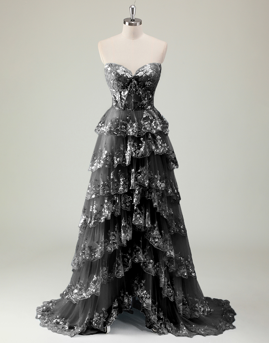 Sparkly Blue A-Line Strapless Tiered Corset Long Prom Dress with Slit